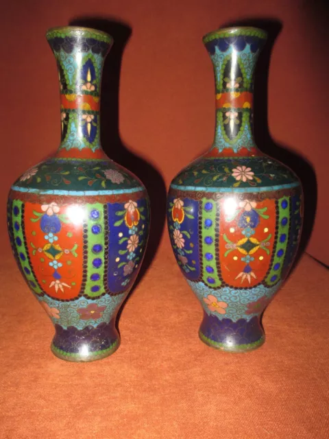Fine Pair of Antique Japanese Meiji Period Cloisonne Vases 8.25" 1880's