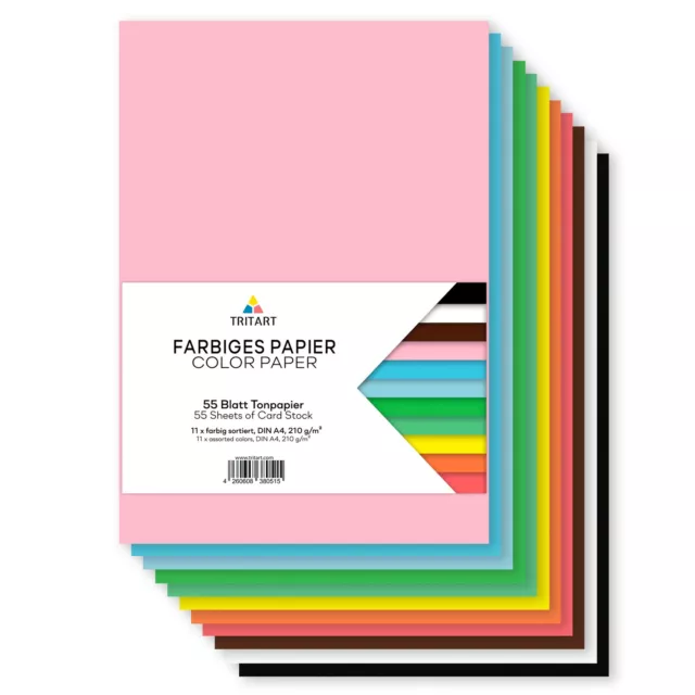 Buntpapier A4 210g, 55 Blatt, Tonkarton zum Basteln, 11 Farben, Bastelkarton