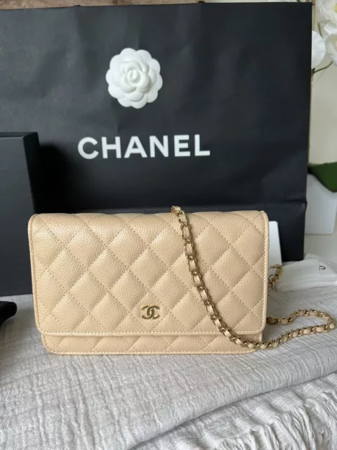 AUTHENTIC BEIGE CHANEL Wallet On Chain WOC Pearl Strap Chain