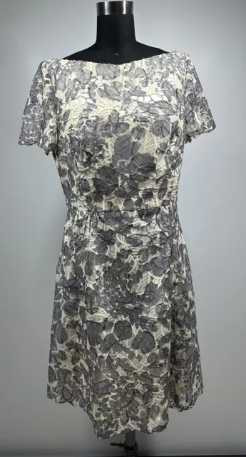 Tory Burch  Crochet Lace Floral Mini Dress Size 6 Gray Cream Lined Short Sleeve