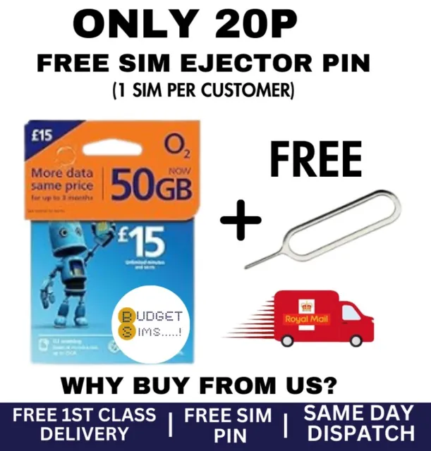 02 Sim Card 50GB £15 Pay As You Go Mini Micro Nano PAYG  Only 20p +Free Sim Pin