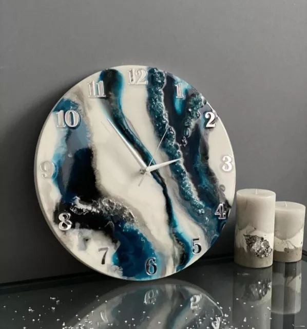 Resin Wall Clock for Home Decor Black and Blue Abstract modern design