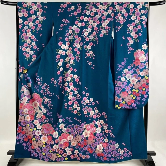 Woman Japanese Kimono Furisode Silk Mari Cherry Blossom Silver Foil BlueGreen