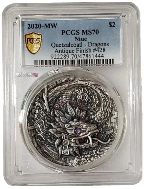 2020 2 Oz Silver $2 Niue AZTEC DRAGON QUETZALCOATL PCGS MS70 Gold Shield Coin.