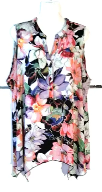 Women's Spense Floral Sleeveless Handkerchief Hem Chiffon Tunic Top Plus Size 2X