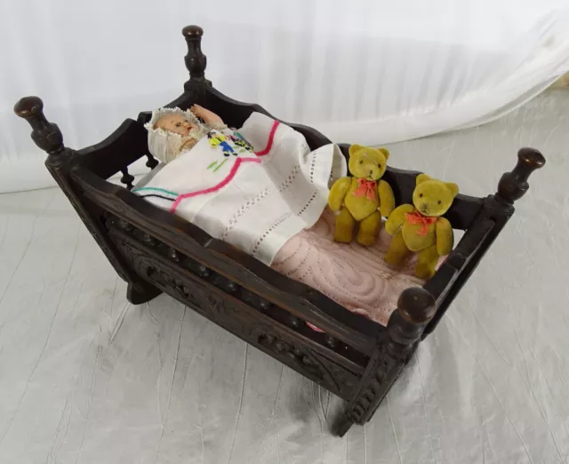 Antique French Breton/Brittany Doll Cradle Bed & Mattress Toy Wood Hand Carved