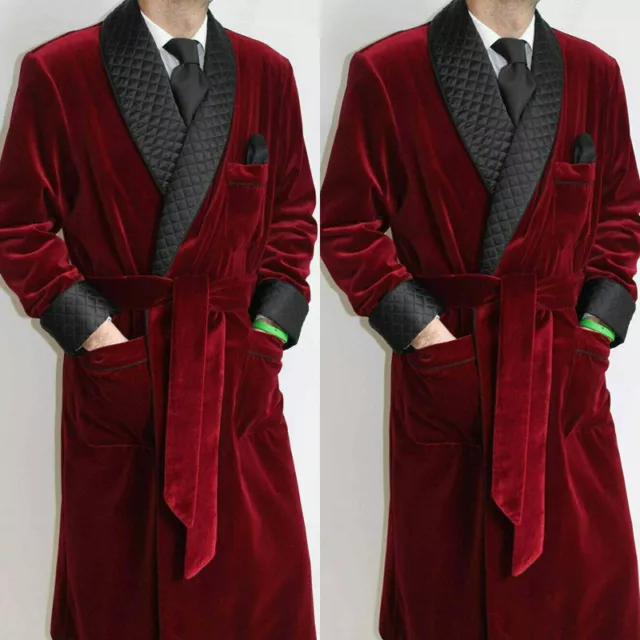 Burgundy Men's Smoking Jacket with Belt Prom Party Velvet Coat Long Robe Jacket