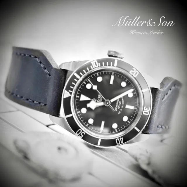 Müller&Son Genuine Horween Leather 22mm Black Watch Strap Deployment Custom Made