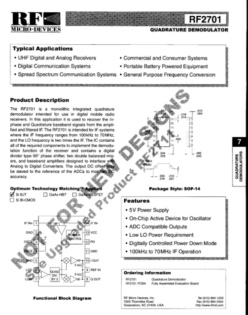 RFMD QORVO RF2701 Quadrature DeModulator Same Footprint RF2711 OBSOLETE RARE