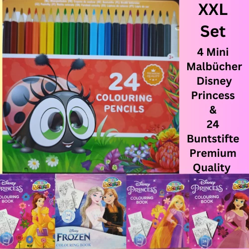 4 Disney Princess Mini Malbücher & 24 Buntstifte in Etui Set Malspaß für Kinder