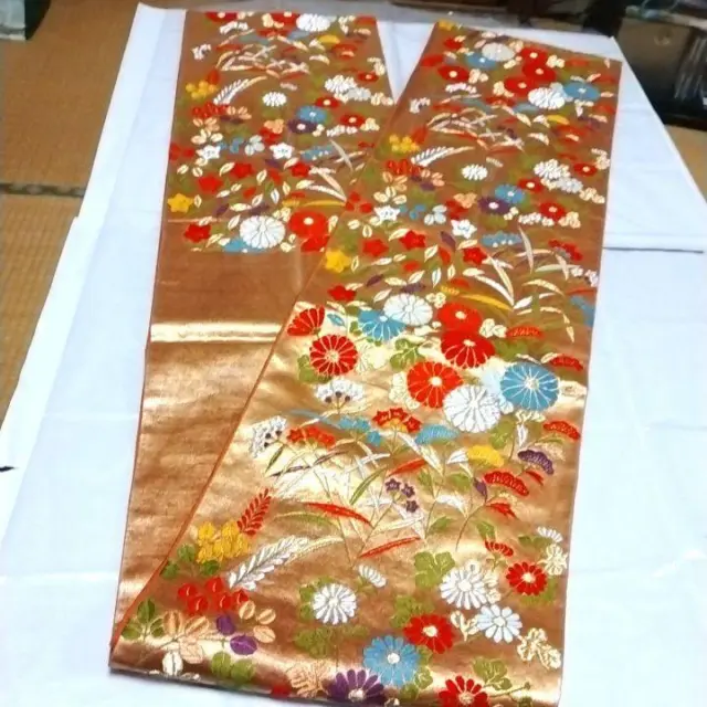 Japanese used Maru OBI KIMONO belt Pure Silk traditional woven embroidery