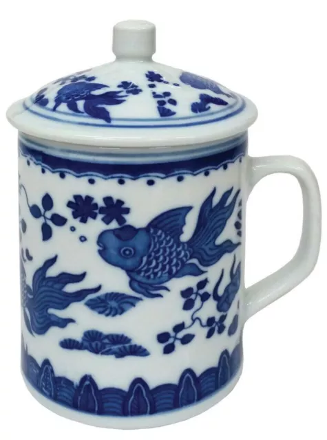 Chinese Porcelain Lidded Mug - Blue and White - Goldfish Pattern