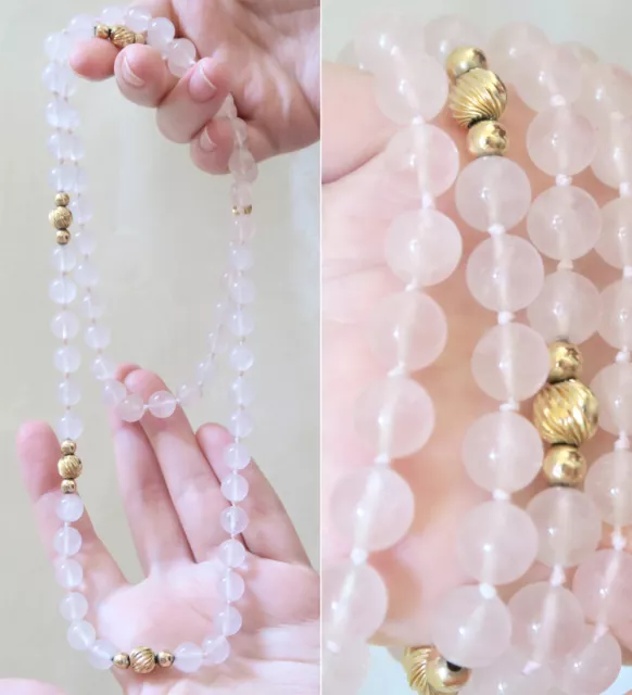 Vintage Pink Rose Quartz Stone Strand Knotted Necklace Gold Spacer Beads