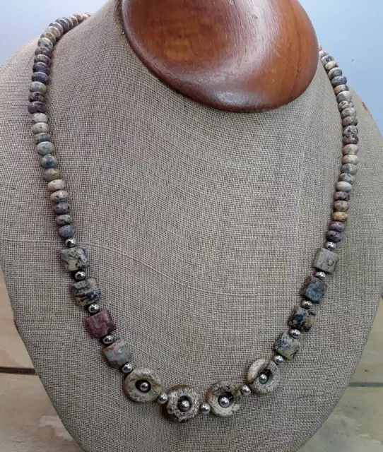 Vintage SJC Signed Artisan Ocean Jasper / Sterling Silver Bead Necklace 18"