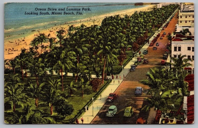 Miami Beach Florida Ocean Drive & Lummus Park Scenic Aerial View Linen Postcard