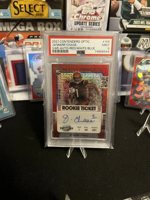 2021 Panini Optic Contenders Ja’Marr Chase Rookie Red White Blue Mojo Auto /13