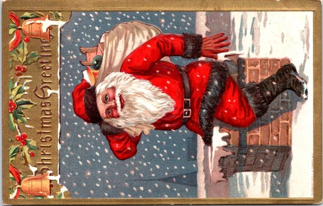 1912 Full Length SANTA Goind Down a Chimney, CHRISTMAS Greetings Postcard - 19 G