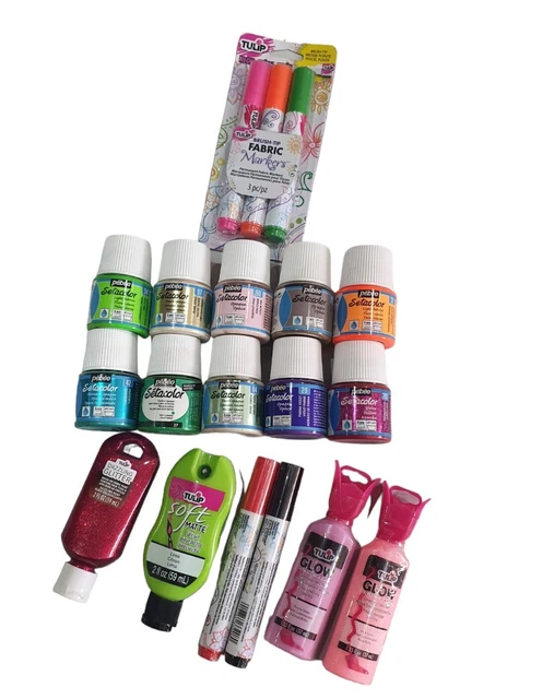 Pebeo Setacolour Stofflackkonvolut. 10 Töpfe, Glühfarben und Marker.