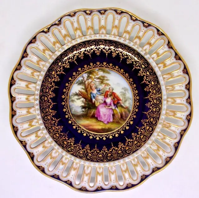 ANTIQUE DRESDEN Hand Painted Watteau Style RETICULATED CABINET PLATE  19th Cen.