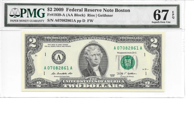 2009 Boston $2 FRN (AA Block) PMG 67 EPQ Superb Gem Uncirculated