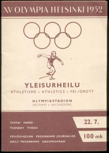 Programme Officiel Jeux Olympiques Helsinki 1952 - Athlétisme - 22.07.1952