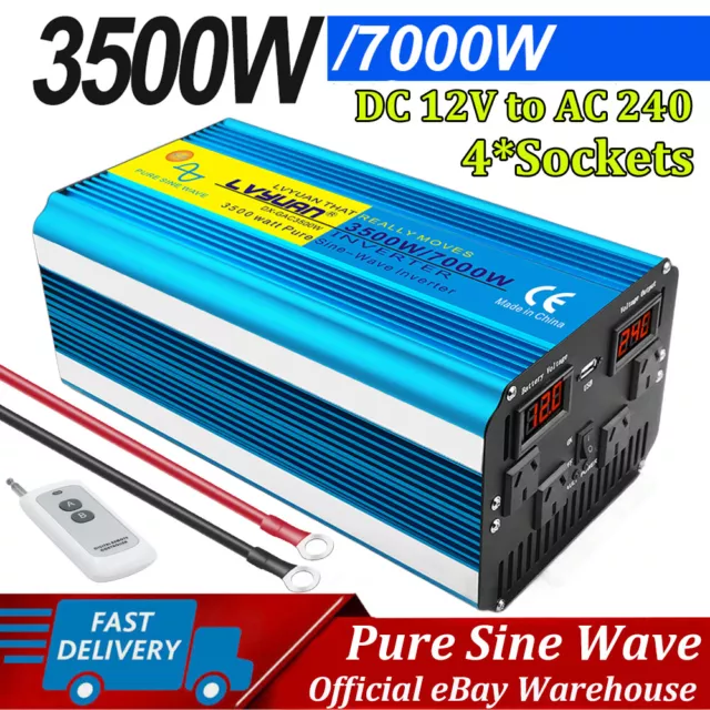 3500W 7000W Pure Sine Wave Power Inverter DC 12v to AC 240v Car Converter Camp