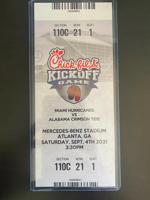 2021 Chick-Fil-A Kickoff Game Commemorative 9/4/21 Ticket Stub MIAMI vs ALABAMA