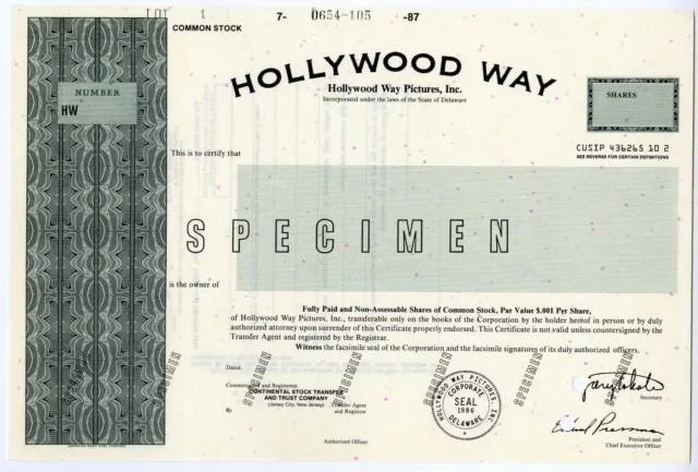 CA. Hollywood Way Pictures, Inc., 1987 Odd Shrs Specimen Stock Certif XF ABNC