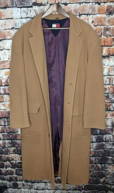 $395 Tommy Hilfiger Beige Wool Long Overcoat Coat Jacket Mens Large Khaki Camel