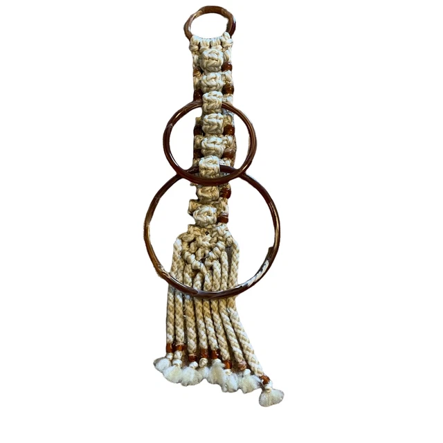 Macrame Hanging Towel Holder Vtg 70s Mid Century Modern Brown Handmade Bead Boho