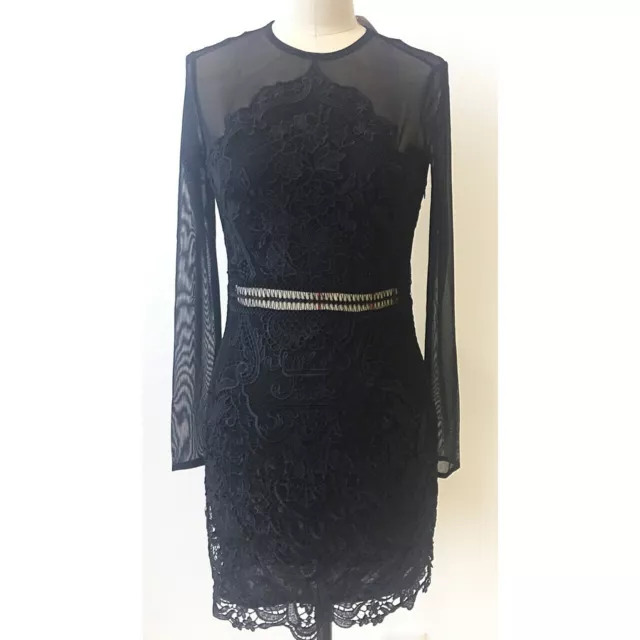 Black Mesh Lace Embroidered long sleeve Bodycon Dress SMALL party
