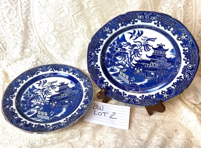 2 -10 1/4" Blue Willow Burleigh Ware Dinner Plates gold trim 1"deep LOT2