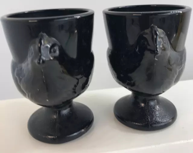 BLACK Glass Chicken Hen Footed Egg Cup (TWO) by Arcaroc France