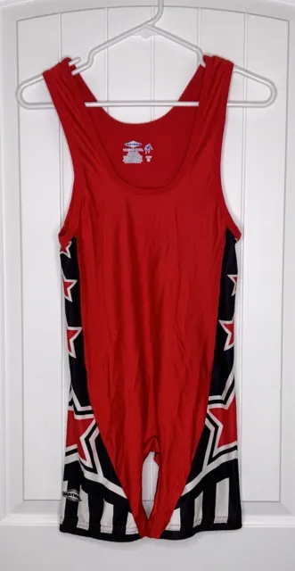 MATMAN Wrestling Co Red Black White Stars Singlet Adult Size S Made is USA