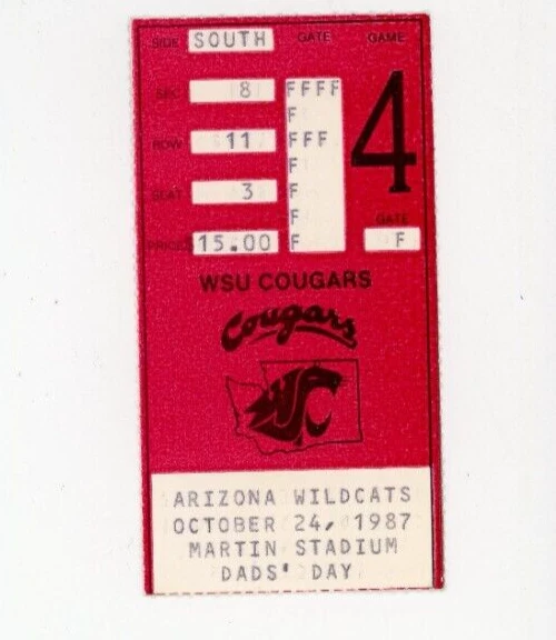 TICKET STUB OCT 24 1987 WSU Cougars VS Arizona Wildcats Game 4 College