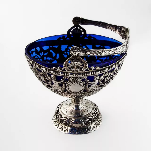 German Ornate Cutwork Sugar Basket Cobalt Liner 800 Silver 1860