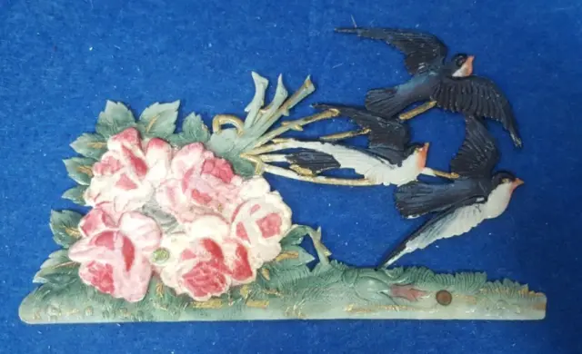 Rare Antique Victorian Die Cut Scrap Celluloid Relief Birds W/ Flowers