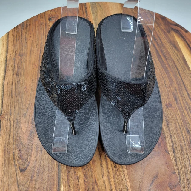 FitFlop Thong Wedge Sandals Women's 7 Black Sequins Comfort Flip Flop Slip On