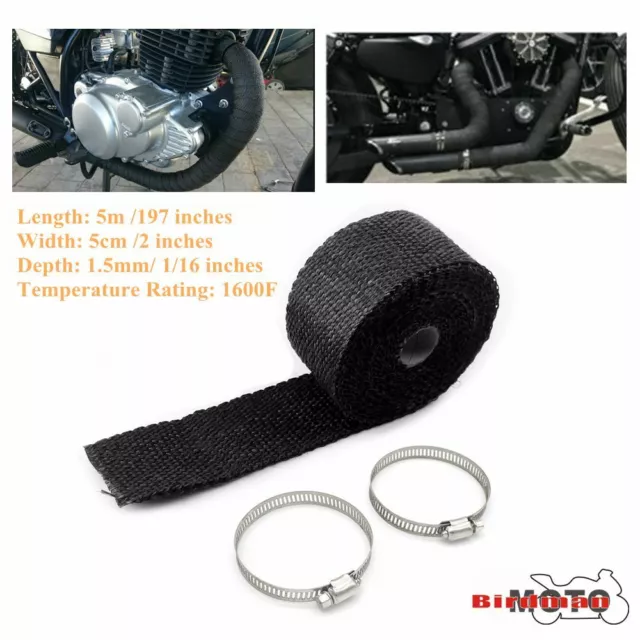 5cm * 5M Black Motorcycle Exhaust Header Pipe Heat Wrap Tape Thermal Protection