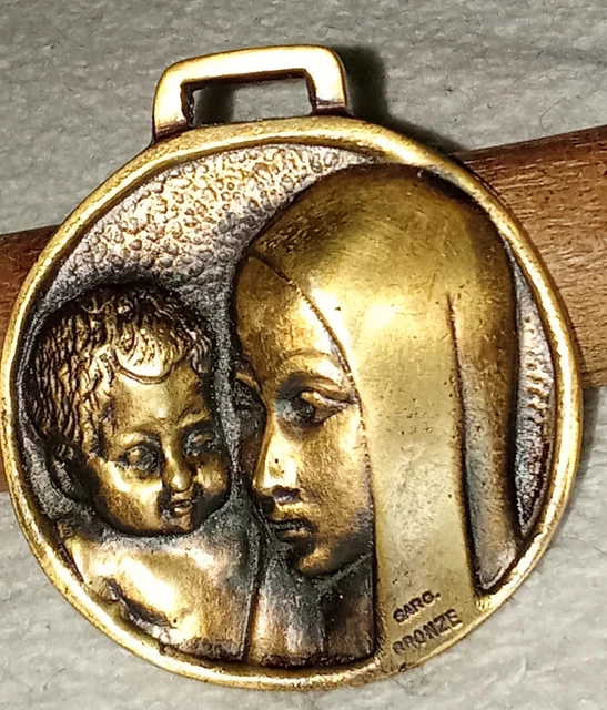 Médaille Ancienne Vierge à L'Enfant En Bronze Doré - Signée Fernand Py, Occasion