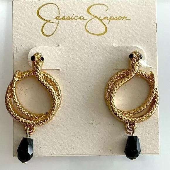 Jessica Simpson gold snake statement earrings with black stone bead charm NWT