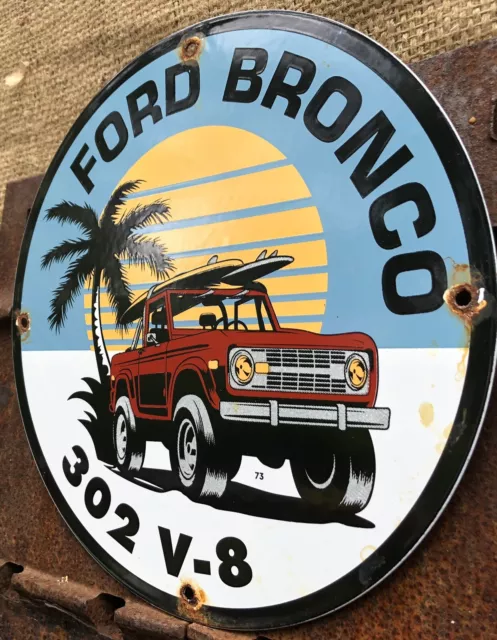 Vintage 1973 Dated Ford Bronco 302 V8 V-8 Porcelain Dealer Sales Sign 3