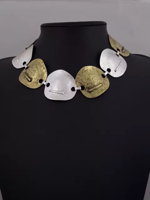 Modern Antiqued Brass and Matt Silver Linked Curved Discs Statement Necklace