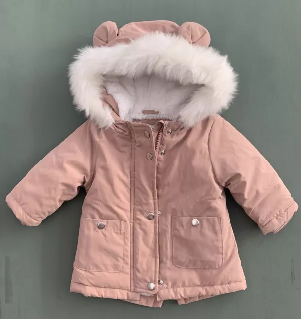 Gorgeous Baby Girls Dusky Pink Parka Coat Jacket With Faux Fur Trim 3-6 Months