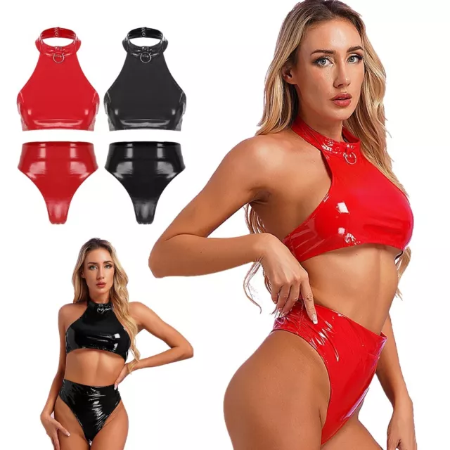 Women Lingerie Set Nightclub Patent Leather Sexy PVC Leather Nightwear O Ring