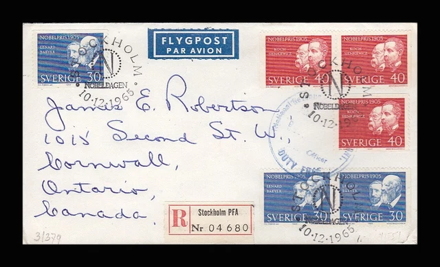 0994- Sweden 1965 Nobel Prizewinners Fdc Uprate Registered Stockholm To Cornwall