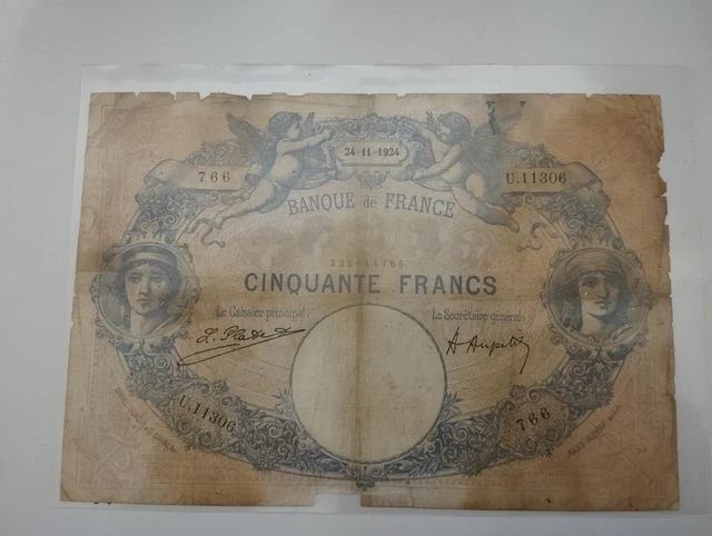 Rare billet de 50 francs bleu et rose@@ Année 1924@@ Rare billet de 50 francs bleu et rose@@ Année 1924@@