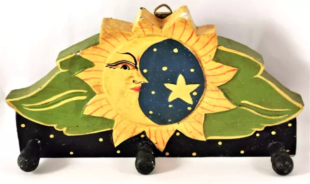 Hanger Hand Carved Painted Décor Wall Vintage Wooden Sun Moon Art Decorative Vtg