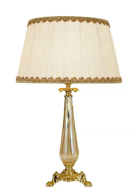 lampada da tavolo classica vetro Murano ambra e ottone con paralume seta plissé.