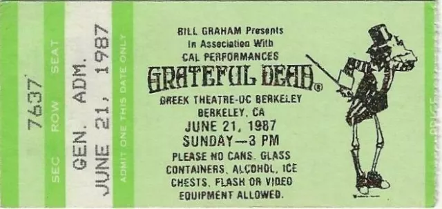 Grateful Dead Ticket 06-21-1987 Greek Theatre "Mail Order" Garcia Weir